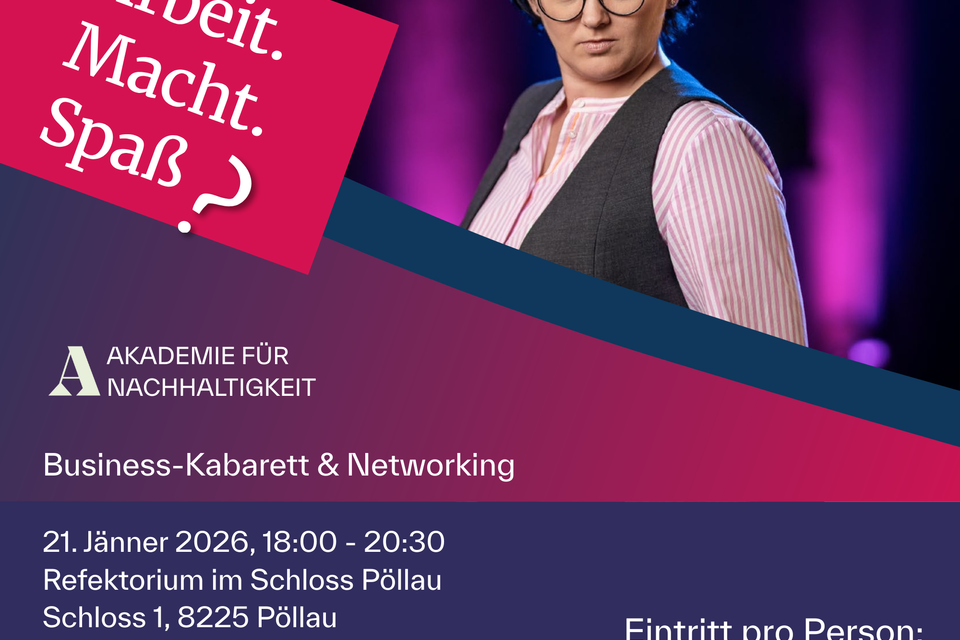Eine Veranstaltung zum Thema "Arbeit, Macht, Spaß" mit Networking-Möglichkeiten. Datum und Ort sind im Schloss Pöllauberg angegeben. | © Akademie für Nachhaltigkeit