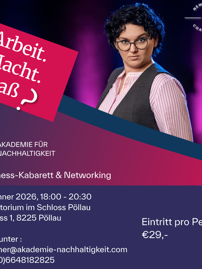 Eine Veranstaltung zum Thema "Arbeit, Macht, Spaß" mit Networking-Möglichkeiten. Datum und Ort sind im Schloss Pöllauberg angegeben. | © Akademie für Nachhaltigkeit