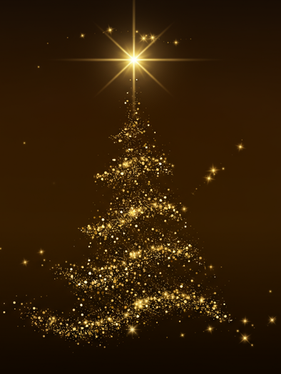 Ein glitzernder Weihnachtsbaum aus Gold mit einem strahlenden Stern an der Spitze. Der Hintergrund ist dunkelbraun und verstärkt den festlichen Glanz.