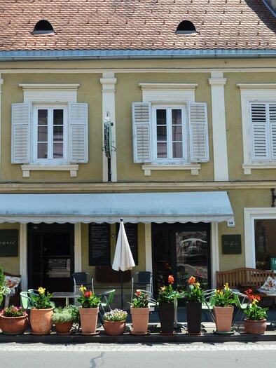 A charming building with a green facade and white shutters. The entrance area is decorated with many blooming plants and pots. | © Hermann