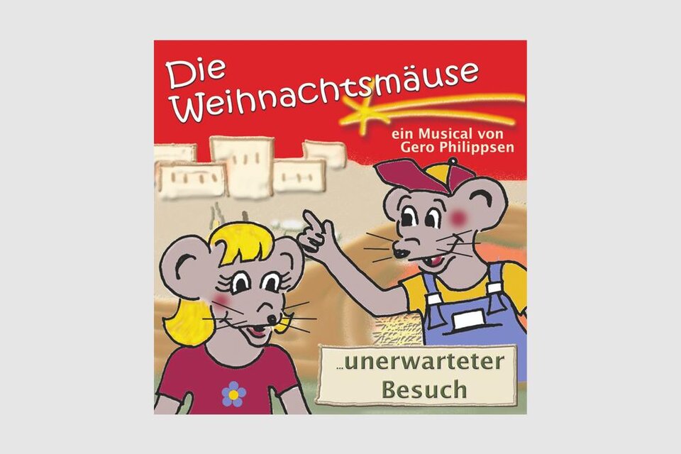 Zwei cartoonartige Mäuse stehen vor einem hintergründigen, städtischen Setting. Der Text auf dem Bild kündigt ein Weihnachtsmusical an. | © Bild: Cap music