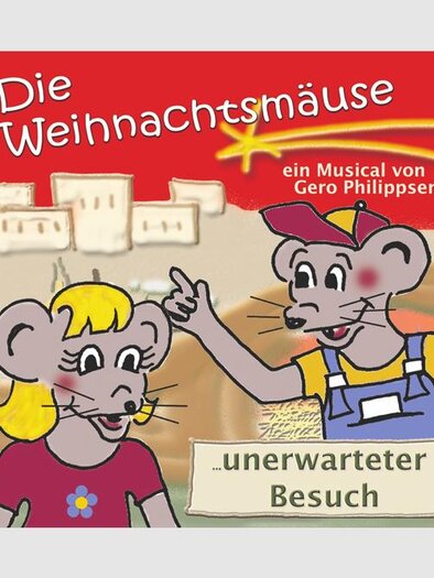Zwei cartoonartige Mäuse stehen vor einem hintergründigen, städtischen Setting. Der Text auf dem Bild kündigt ein Weihnachtsmusical an. | © Bild: Cap music