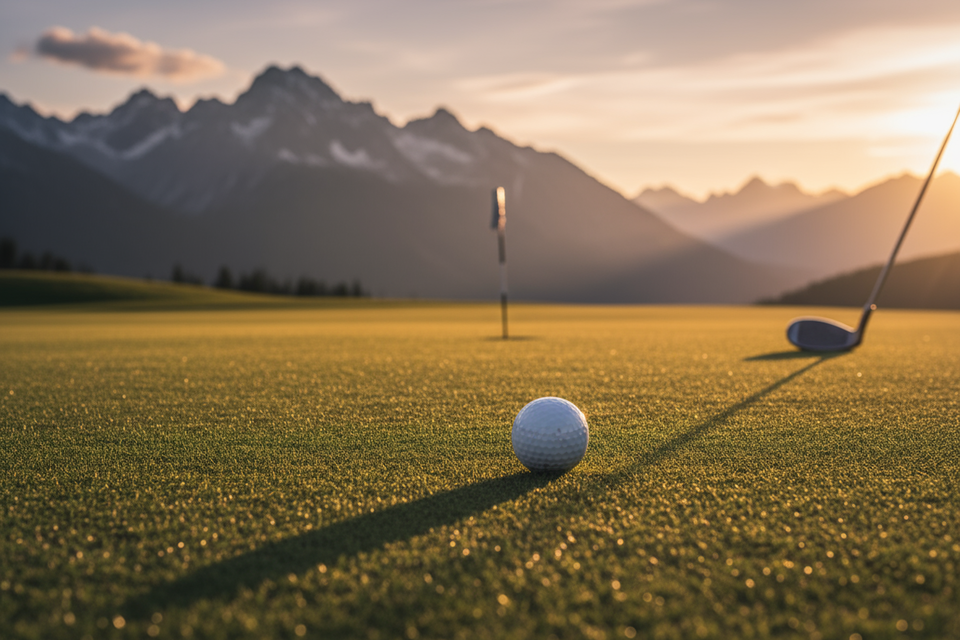 Ein Golfball liegt auf dem grünen Rasen mit Bergen im Hintergrund. Im Hintergrund sind sanfte Sonnenstrahlen zu sehen.