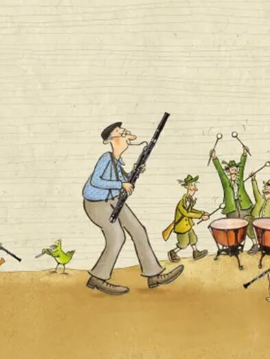 A cheerful music group with a man playing a clarinet leads a colorful parade. Animals and children accompany him, making music happily. | © Don Bosco Medien GmbH