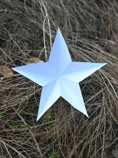 Eine weiße, gefaltete Sternform liegt auf trockenem Gras. Der Hintergrund zeigt unregelmäßige braune Strukturen. | © nevin-k-s-unsplash