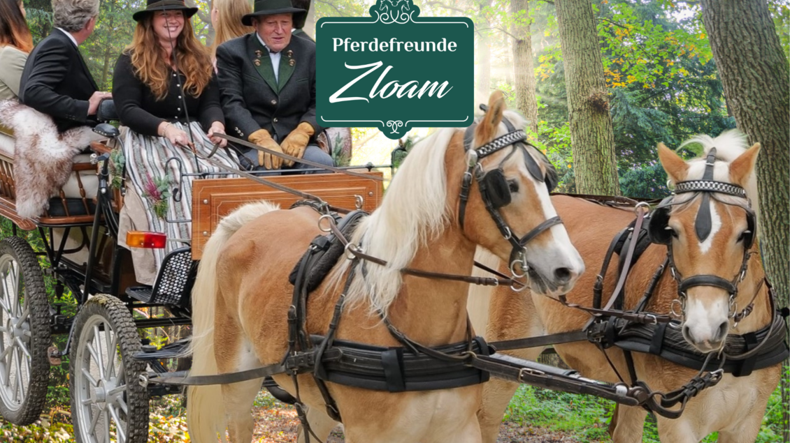 Eine Kutsche wird von zwei hellen Pferden gezogen, während Passagiere in eleganter Kleidung sitzen. Die Szenerie ist von einem grünen Wald umgeben. | © Narzissendorf Zloam, www.zloam.at