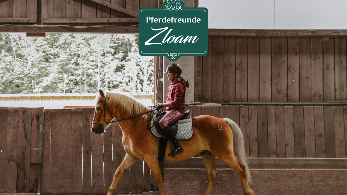 Ein Mädchen reitet auf einem Pferd in einer Reithalle. Im Hintergrund sind Holzpaneele und Tageslicht sichtbar. | © Narzissendorf Zloam, www.zloam.at