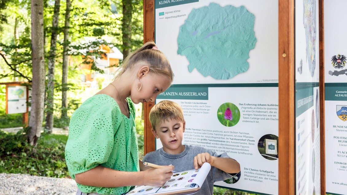 Zwei Kinder stehen vor einer Informationstafel im Wald. Sie schauen zusammen in ein Buch und scheinen etwas zu lernen. | © www.zloam.at
