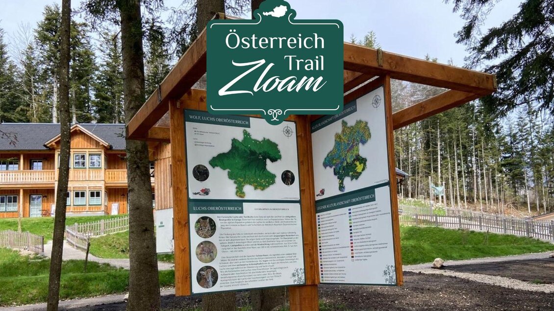 Ein Informationsschild zum Österreich Trail Zloam steht im Wald. Im Hintergrund sind ein Holzgebäude und Bäume sichtbar. | © www.zloam.at