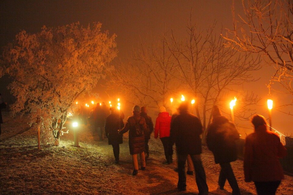 Eine Gruppe von Menschen mit Fackeln geht durch eine winterliche Landschaft. Bäume sind mit Frost bedeckt und die Szene hat eine mystische Atmosphäre.
