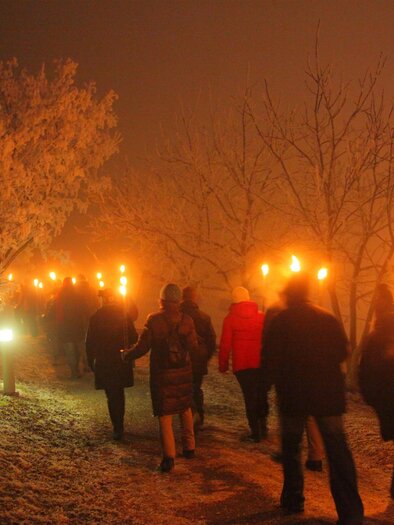 A group of people with torches walks through a wintry landscape. Trees are covered with frost and the scene has a mystical atmosphere.