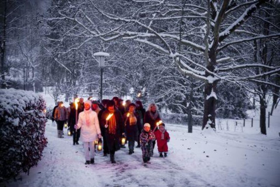 Eine Gruppe von Menschen geht im Schnee spazieren und trägt Laternen. Die Bäume sind mit Schnee bedeckt und die Atmosphäre ist festlich. | © TVB Thermen- & Vulkanland