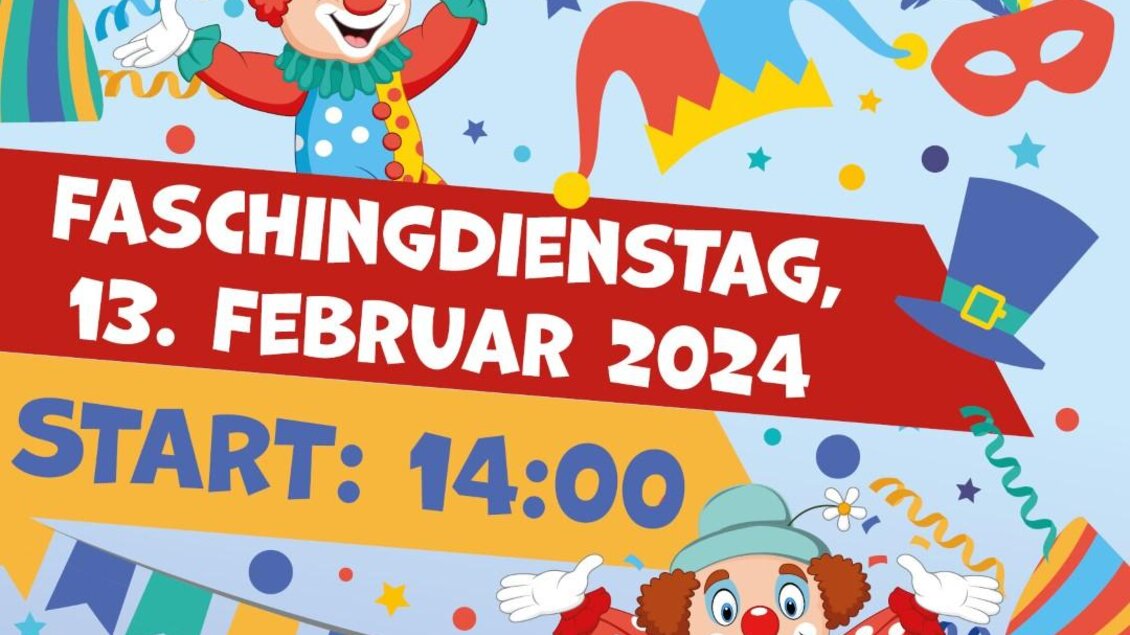 Ein bunter Karnevalsplakat mit zwei fröhlichen Clowns. Der Text informiert über den Knittelfelder Faschingsumzug am 13. Februar 2024. | © Citymanagement Knittelfeld