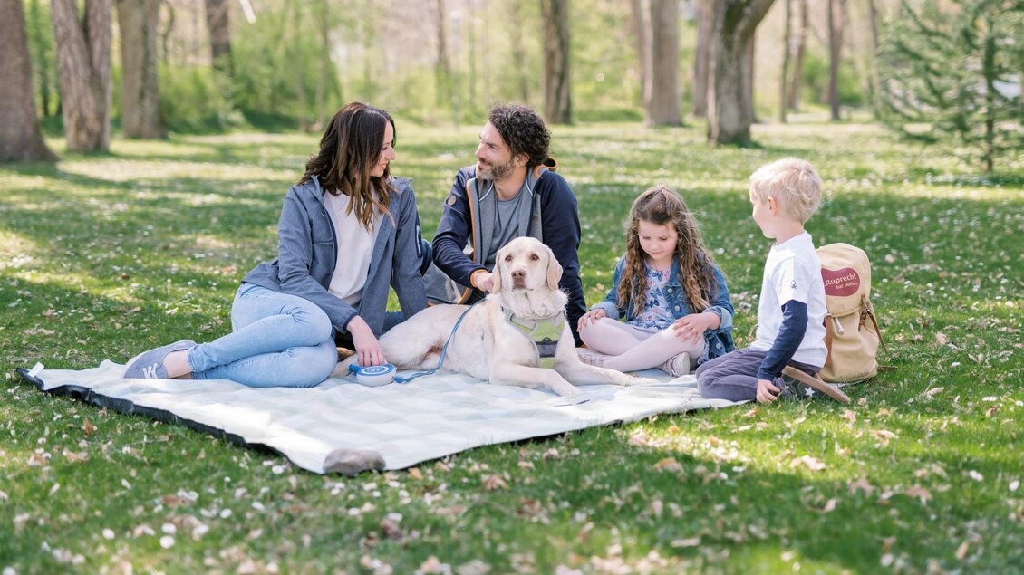 Eine Familie sitzt auf einer Decke im Park und genießt die Zeit miteinander. Neben ihnen liegt ein Hund auf dem Gras. | © Tourismusverband Oststeiermark