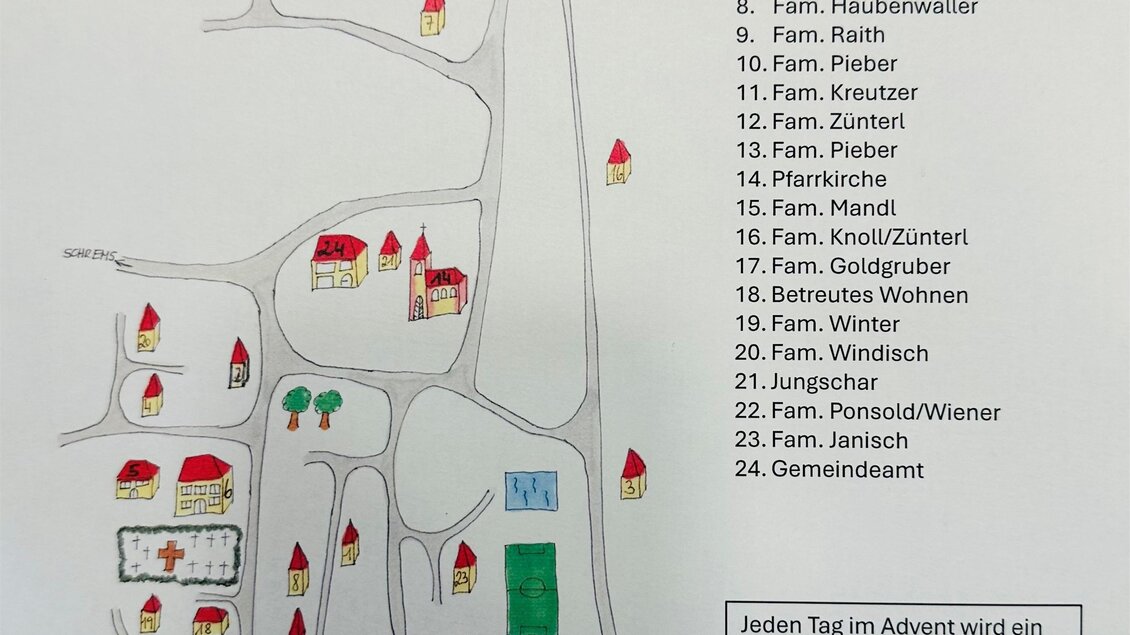 Eine Karte von Fladnitz mit verschiedenen Stationen für die Veranstaltung "Advent im Fenster" 2025. Jede Station ist mit kleinen roten Hütten markiert. | © Elisabeth Winter