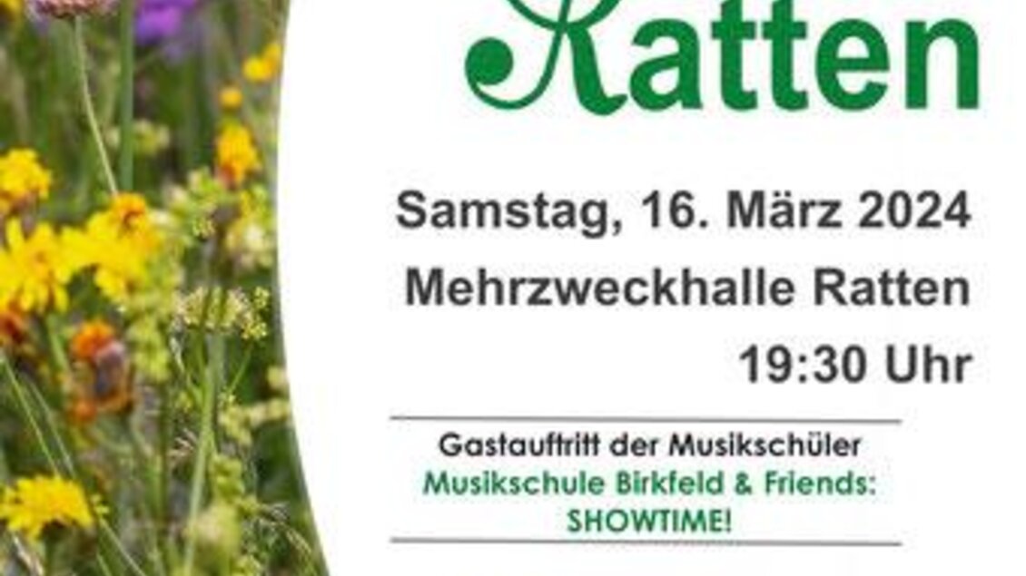 Ein Plakat für ein Frühlingskonzert des Musikvereins Ratten. Es zeigt bunte Blumen und enthält Informationen über Datum, Uhrzeit und Gäste der Veranstaltung. | © Musikverein Ratten