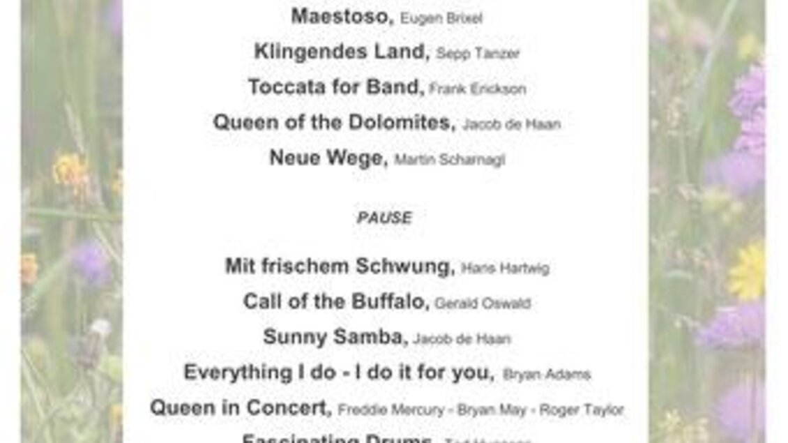 Ein Programm für ein Frühjahrs-Konzert mit verschiedenen Musikstücken aufgeführt. Das Ereignis findet am 22. Juni 2024 statt. | © Musikverein Ratten