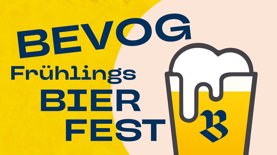 Ein festliches Design für das BEVOG Frühlings Bier Fest. Ein großes Glas Bier mit Schaum und fröhlicher Schrift auf buntem Hintergrund. | © Brauhaus Bevog GmbH