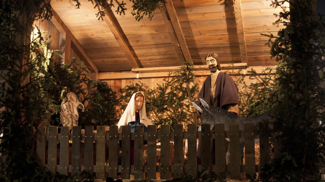 Eine Weihnachtskrippe mit Figuren von Maria, Josef und einem Esel. Umgeben von grünen Pflanzen und einem rustikalen Holzstall. | © Verena Haider