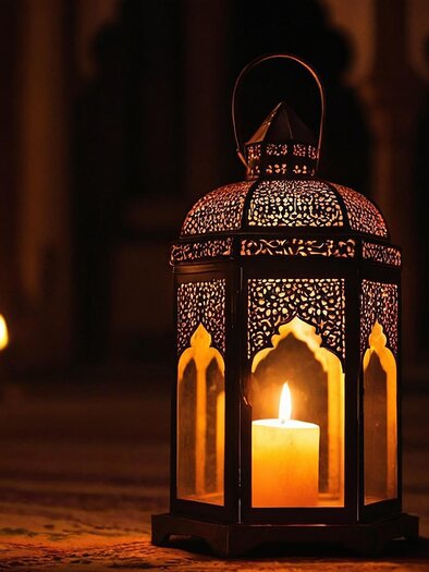 A decorative lantern with a burning light stands on a carpet. In the background, more dimly lit lanterns can be seen. | © Pixabay