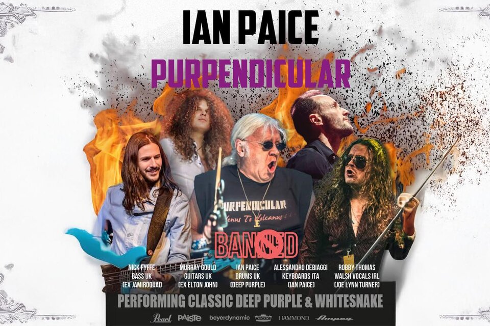 Promo-Grafik „Ian Paice – Purpendicular“ mit mehreren Bandmitgliedern als Fotocollage vor Flammen- und Rauchhintergrund; unten Schriftzug „Performing Classic Deep Purple & Whitesnake“. | © Direkt Booking Berlin