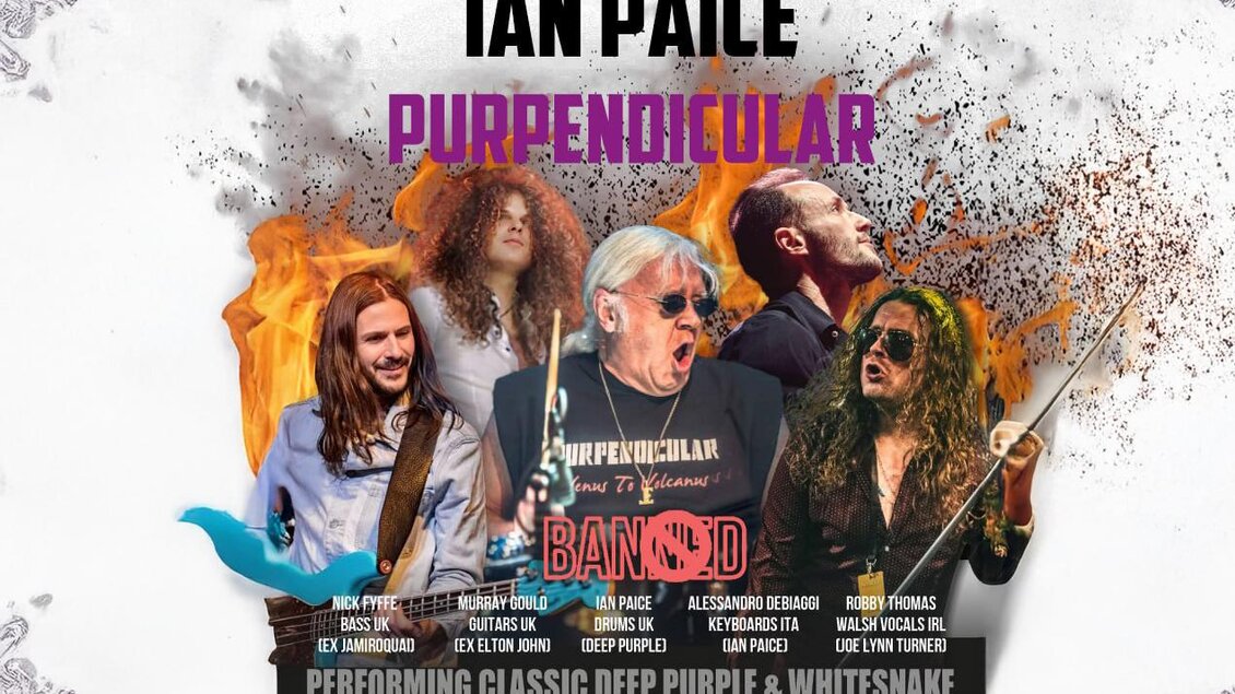 Promo-Grafik „Ian Paice – Purpendicular“ mit mehreren Bandmitgliedern als Fotocollage vor Flammen- und Rauchhintergrund; unten Schriftzug „Performing Classic Deep Purple & Whitesnake“. | © Direkt Booking Berlin
