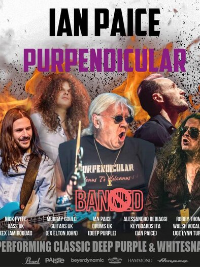 Promo-Grafik „Ian Paice – Purpendicular“ mit mehreren Bandmitgliedern als Fotocollage vor Flammen- und Rauchhintergrund; unten Schriftzug „Performing Classic Deep Purple & Whitesnake“. | © Direkt Booking Berlin