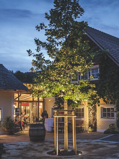 A charming building in the evening light, surrounded by trees and a beautiful garden. The atmosphere is inviting and cozy. | © Florian Jöbstl