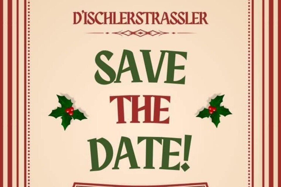 Eine festliche Einladung mit dem Text "SAVE THE DATE!". Verziert mit Weihnachtsmotiven in grün und rot. | © TVB_Bad Aussee_Nathalie Schröttenhamer