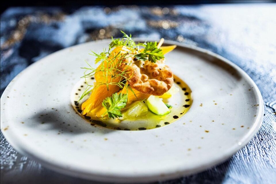 Ein kunstvoll angerichtetes Gericht auf einem weißen Teller. Es besteht aus frischen Zutaten, darunter orangefarbene Elemente und Kräuter. | © Der Thaller