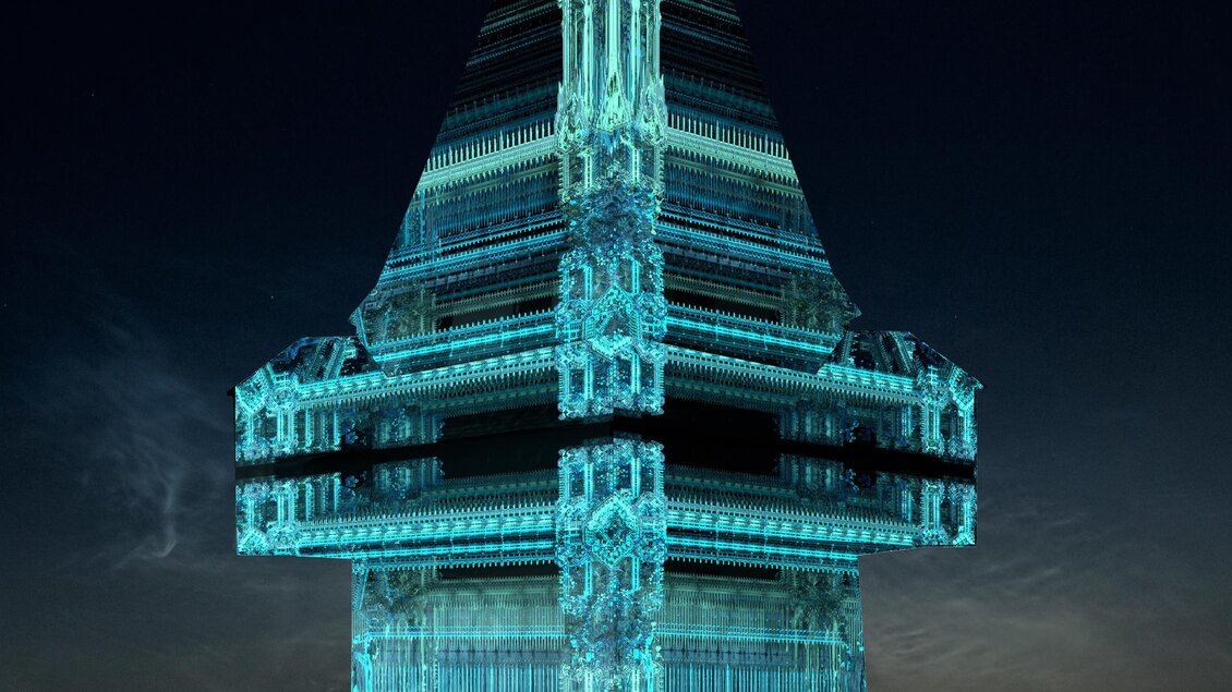 Ein futuristisches, gläsernes Gebäude in Form eines Pfeils. Es leuchtet in blauen und grünen Tönen vor einem dunklen Himmel. | © (c) Yann Nguema