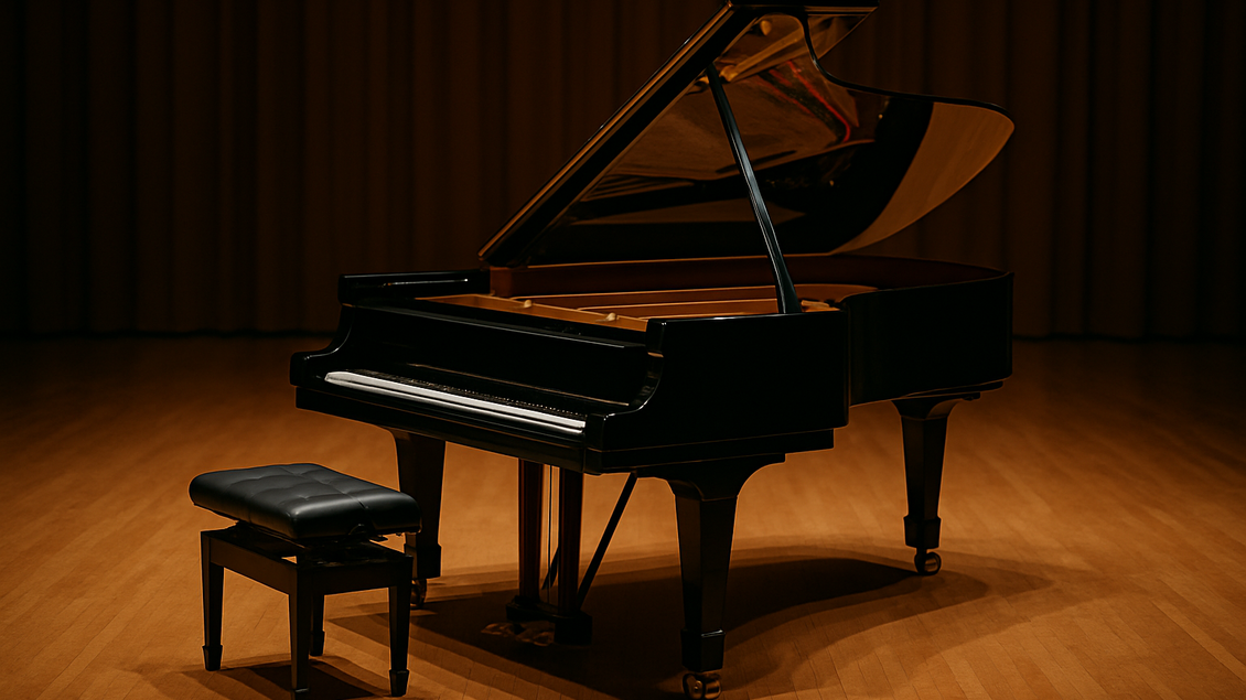 <p>Ein Klavier mit Sessel in einem dunkem Raum<p>