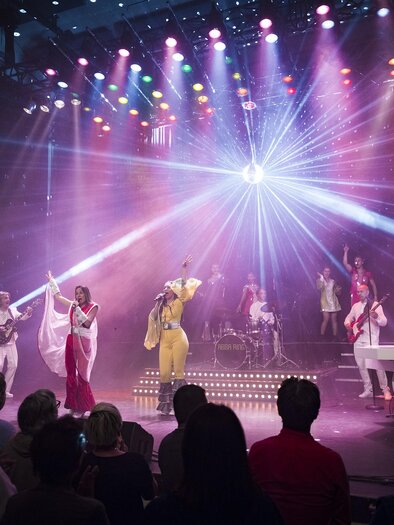 A lively stage performance with multiple musicians and colorful lights. The artists present a dynamic show with singing and dancing. | ©  Pura Vida Theater und Musical GmbH
