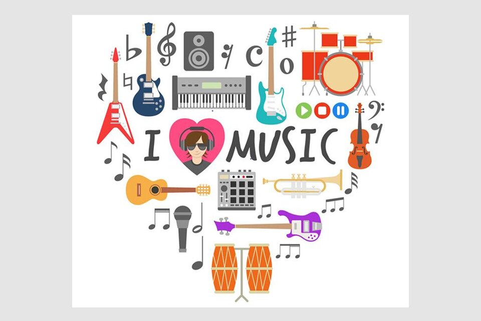 Ein kreatives Design, das verschiedene Musikinstrumente und Musiknoten zeigt. In der Mitte steht der Text „I ❤️ MUSIC“. | © Freepik