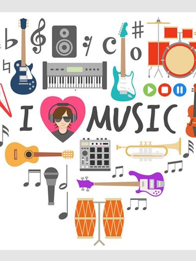 A creative design that showcases various musical instruments and music notes. In the center is the text "I ❤️ MUSIC". | © Freepik