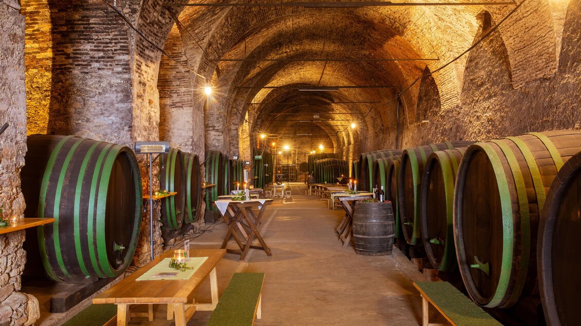 Ein gemütlicher Weinkeller mit großen Holzfässern und einem warmen Licht. Holztische und Bänke laden zum Verweilen ein. | © Janez Kotar