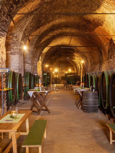 A cozy wine cellar with large wooden barrels and warm lighting. Wooden tables and benches invite you to linger. | © Janez Kotar