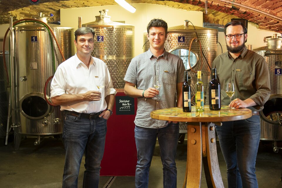 Drei Männer stehen an einem Tisch mit Weinflaschen in einem Weinkeller. Im Hintergrund sind große Edelstahltanks zu sehen.