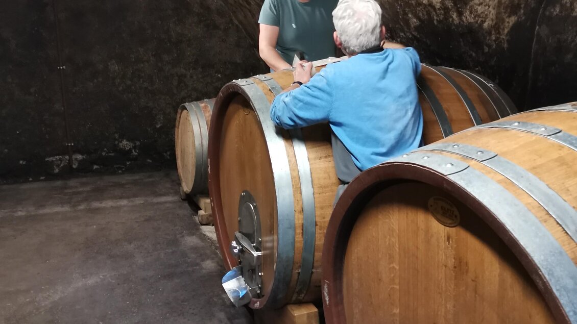 Zwei Männer stehen in einem Weinkeller und sprechen miteinander. Im Hintergrund sind große Holzfässer zu sehen. | © Wekinhof Kugel