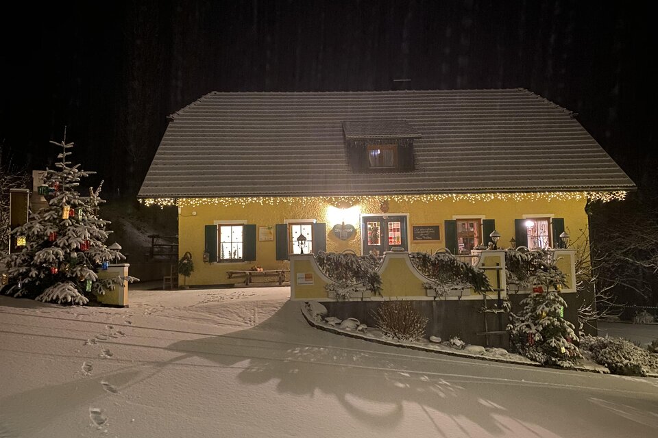 Ein gelbes Haus im Schnee mit Lichtern geschmückt. Ein Weihnachtsbaum steht daneben, und alles ist abends beleuchtet. | © Familienweingut Trabos