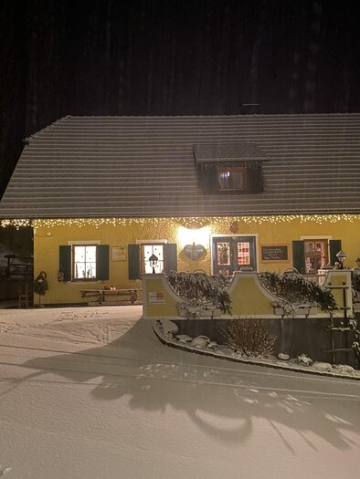 A yellow house in the snow adorned with lights. A Christmas tree stands next to it, and everything is lit up in the evening. | © Familienweingut Trabos
