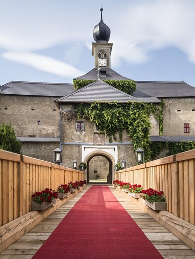 An impressive castle with a red carpet driveway. The facade is covered with plants and lined with lanterns. | © Tauroa GmbH
