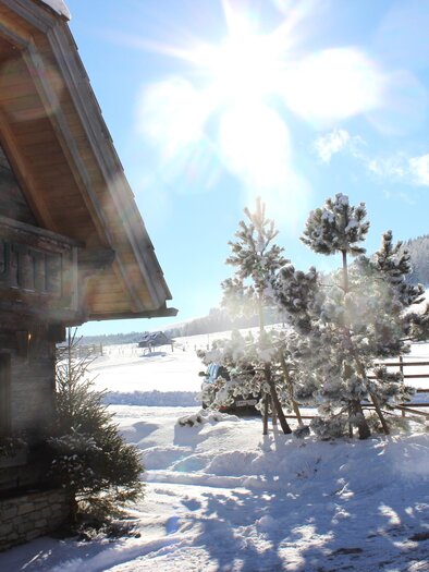 The Latschenhütte in a snowy landscape in the municipality of Fladnitz at Teichalm | © Latschenhütte