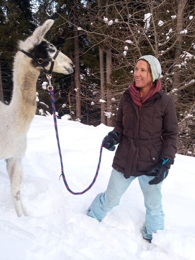 A woman is standing in the snow and holding a llama on a leash. In the background, snow-covered trees can be seen. | © LamaTour-Orso Gigleitner
