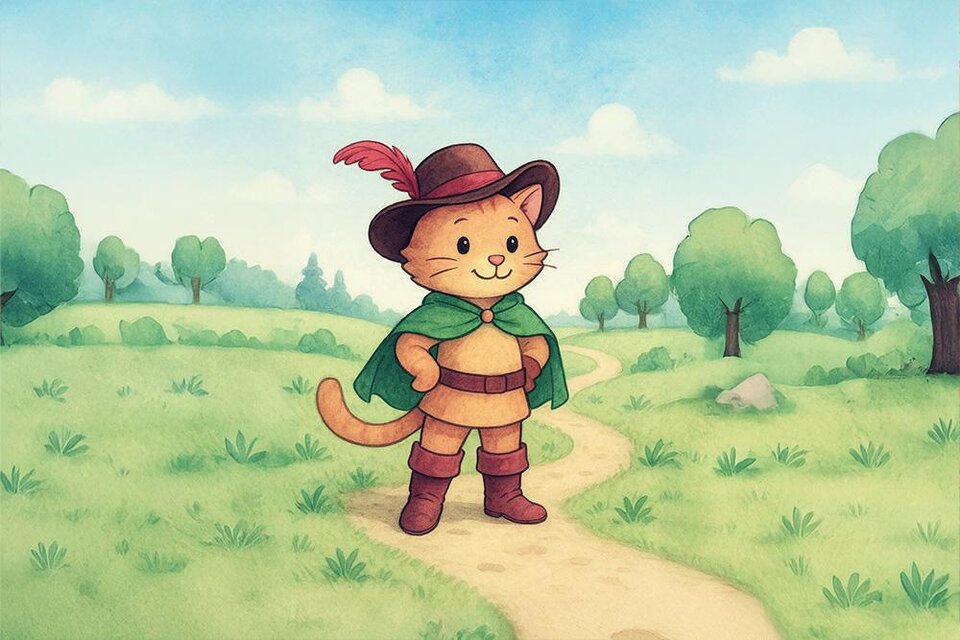 Eine niedliche Katze steht auf einem Weg in einer grünen Landschaft. Sie trägt einen Hut und einen Umhang und lächelt freundlich. | ©  leopress/ ChatGPT