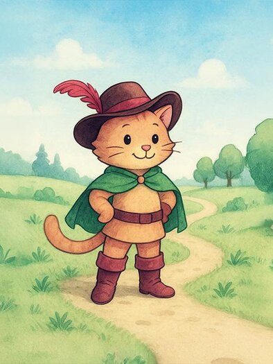 A cute cat stands on a path in a green landscape. It is wearing a hat and a cape and is smiling warmly. | ©  leopress/ ChatGPT