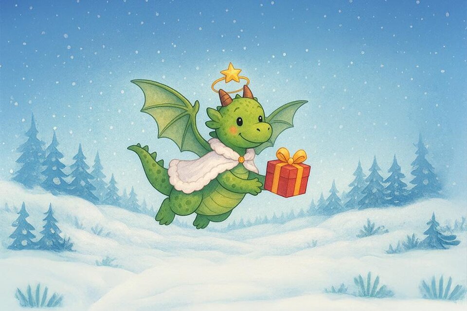 Ein niedlicher, fliegender Drache trägt ein Geschenk und trägt einen Umhang. Es schneit und eine winterliche Landschaft mit Tannenbäumen ist im Hintergrund zu sehen. | ©  BüKo/ ChatGPT