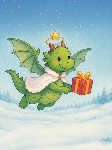 A cute, flying dragon carries a gift and wears a cape. It is snowing, and a wintry landscape with pine trees can be seen in the background. | ©  BüKo/ ChatGPT