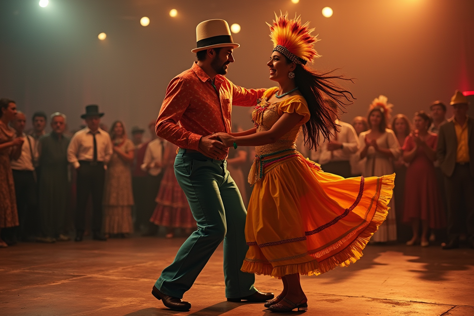 Eine lebhafte Tanzaufführung mit einem Paar in traditioneller Kleidung. Der Mann trägt einen Zylinder und die Frau ein leuchtend gelbes Kleid, während das Publikum um sie herum zuschaut. | © KI krea