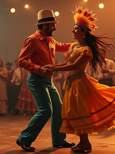 A lively dance performance with a couple in traditional clothing. The man wears a top hat and the woman a bright yellow dress, while the audience watches around them. | © KI krea
